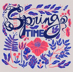 Cartel tipo Lettering "Spring time". Letrero de letras escritas a mano sobre la primavera con motivos florales