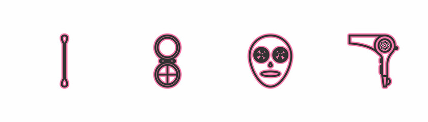 Obraz premium Set line Cotton swab for ears, Facial cosmetic mask, Makeup powder with mirror and Hair dryer icon. Vector