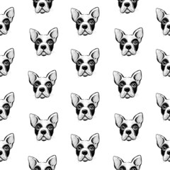 French bulldog seamless pattern, wrapping paper, fabrik print. Vector illustration. Hand drawn funny dogs