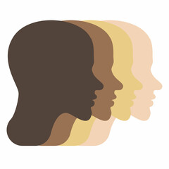 Four abstract heads with various skin colors on white background. Vector flat style illustration. Human heads no faces