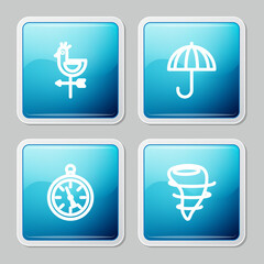 Set line Rooster weather vane, Umbrella, Compass and Tornado icon. Vector