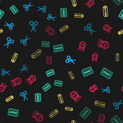 Set line Scissors hairdresser, Bar of soap with foam, Curling iron for and Barbershop on seamless pattern. Vector