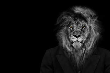 Man in the form of a Lion , The lion person , animal face isolated black white