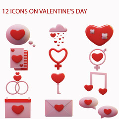 3D Valentine icon set isolated on white background. Valentine's day concept.