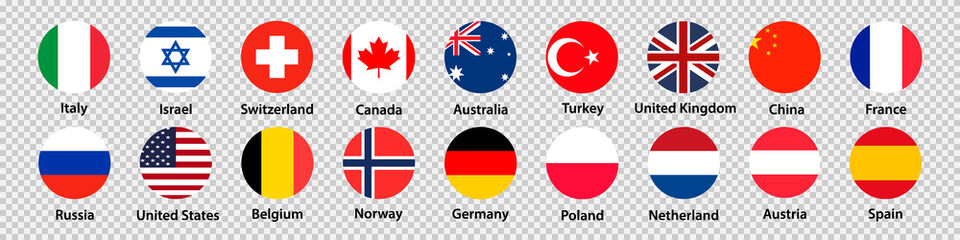 National flag icon set isolated on transparent background