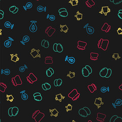 Set line Location corn, Chicken egg, Watering can and Full sack on seamless pattern. Vector