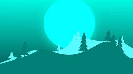 mountain and moon background with pine tree or spruce for desktop wallpaper and banner	