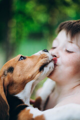 Happy boy with a dog (beagle puppy) licking his nose. Child and dog friendship