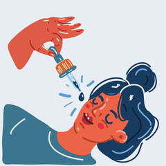 Vector illustration of Closeup of female face and dropper with rejuvenating serum. Cosmetology concept