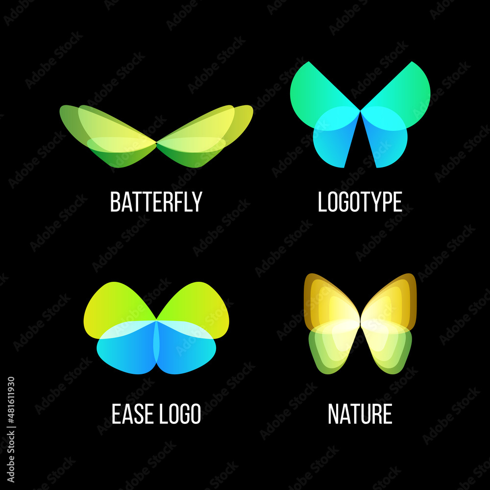 Poster isolated colorful butterflies vector logo set. flying insects logotypes collection. wild nature elem