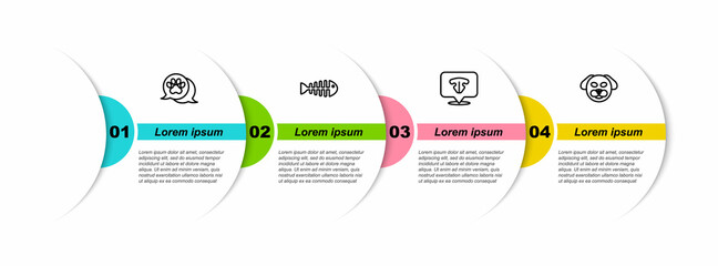 Set line Paw print, Fish skeleton, Cat nose and Dog. Business infographic template. Vector