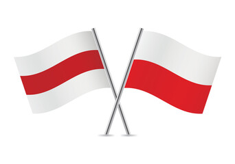 Belarus opposition and Poland flags. Belarusian opposition and Polish flags, isolated on white background. Vector illustration.