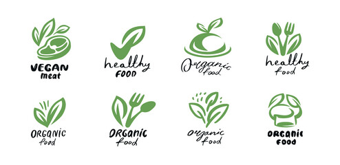 Organic vegan food logo set. Eco friendly product vector icon. Vegetarian healthy food symbol - obrazy, fototapety, plakaty