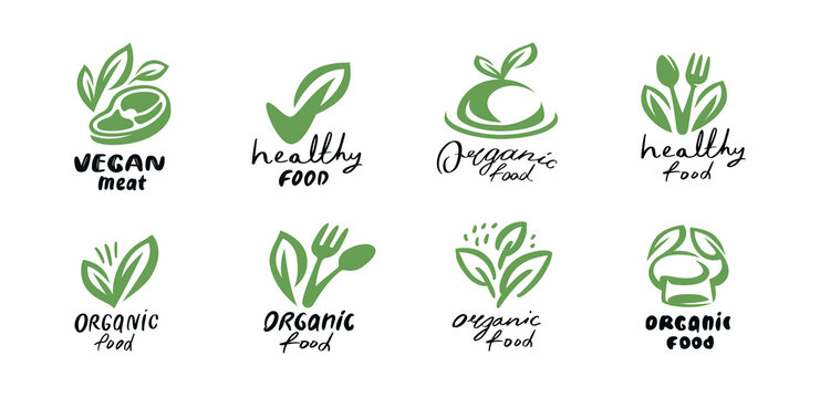 Organic vegan food logo set. Eco friendly product vector icon. Vegetarian healthy food symbol