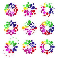 Isolated abstract colorful round shape dotted logo collection. Flower logotypes set. Floral icons on white. Virus signs. Bright fireworks emblems. Unusual microorganisms. Vector sun illustration.