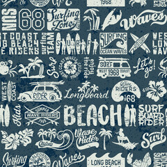 West coast California wave rider surfing elements vector seamless pattern grunge effect in separate layers