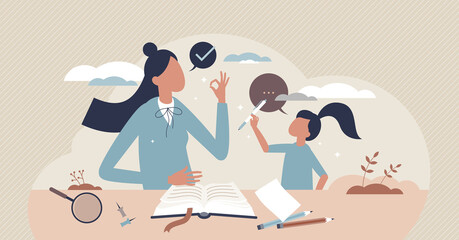 Tutoring as learning kids information and knowledge tiny person concept. Studying and helping children with homework vector illustration. Consulting, guidance and support as professional teacher job. - Powered by Adobe