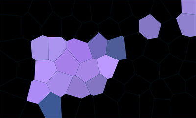 Fototapeta na wymiar Purple violet polygons scattered in dark. Digital fragment of mosaic or puzzle. Conceptual geometric flat design. Digital minimal artwork. Great as cover, print, blank, poster, background, wallpaper.