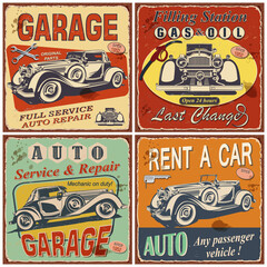 Set of retro car posters.Garage,Filling Station,Rent a Car, Repair and Auto Service Vintage  metal sign.Vector  illustration.