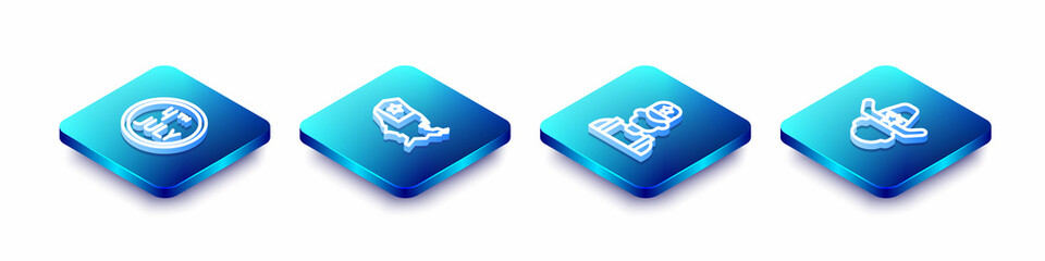 Set Isometric line Calendar with date July 4, USA map, Sheriff cowboy and icon. Vector