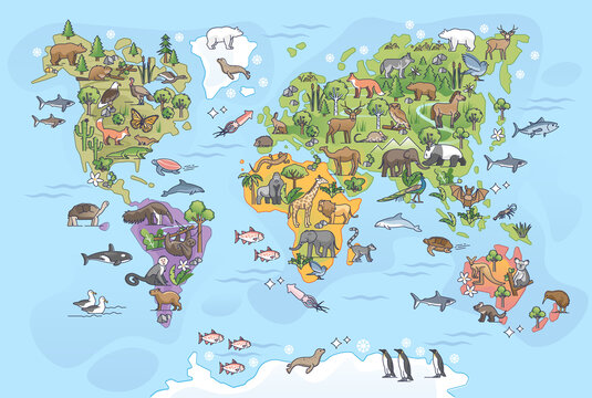 World map with animals as all continents natural habitat outline concept. Biological and geographical distribution of mammals and fishes vector illustration. Eurasia, America and arctic living life. © VectorMine