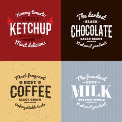 Isolated ketchup,chocolate,coffee,milk vector logo set. Retro style emblems.