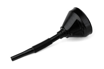 Black plastic fuel funnel isolated on a white background.