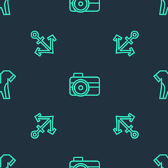 Set line Photo camera for diver, Anchor and Wetsuit scuba diving on seamless pattern. Vector