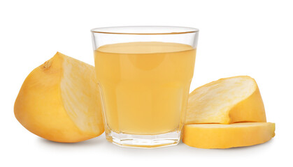 Glass of freshly made turnip juice on white background