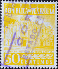 Venezuela - circa 1958: a postage stamp from Venezuela, showing the Main Post Office building, Caracas