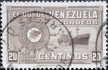 Venezuela - circa 1948: a postage stamp from Venezuela, showing an ocean cargo ship Founding of the...