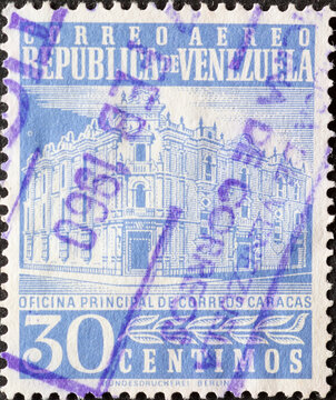 Venezuela - circa 1958: a postage stamp from Venezuela, showing the Main Post Office building, Caracas
