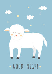 Cute little lamb. Blue background with cartoon sheep, clouds, stars and text Good Night. Teplate for kids room decoration, nursery poster