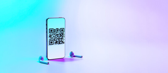 Mobile qr code. Digital smart phone with qr code scanner on smartphone screen for payment, online pay, scan barcode technology on neon background. Mobile banking. Customers can pay through qrcode.