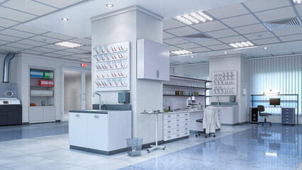 Light laboratory interior with equipment. 3d illustration