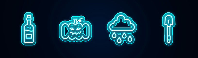 Set line Bottle of wine, Pumpkin, Cloud with rain and Shovel. Glowing neon icon. Vector