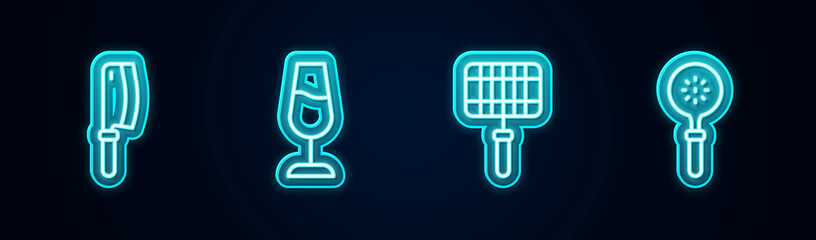 Set line Meat chopper, Wine glass, Barbecue steel grid and Spatula. Glowing neon icon. Vector