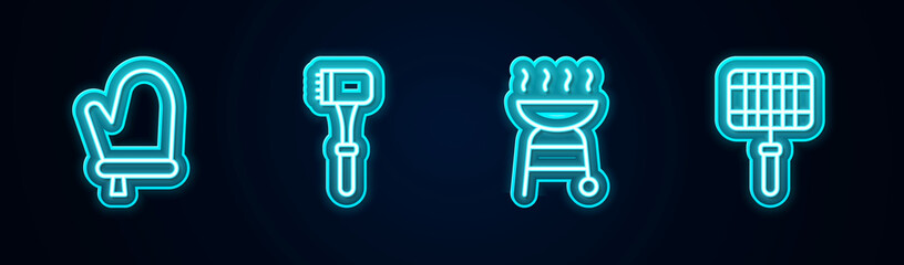 Set line Oven glove, Kitchen hammer, Barbecue grill and steel grid. Glowing neon icon. Vector