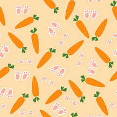 Seamless pattern with carrots and bunny footprints. Background for print, wallpaper, packaging paper design, textile, Easter and baby design.