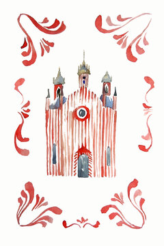 Vector watercolor illustration of a church in St. Petersburg red color