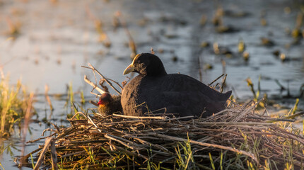 White winged Coot in her nest with chicks, La Pampa, Argentina