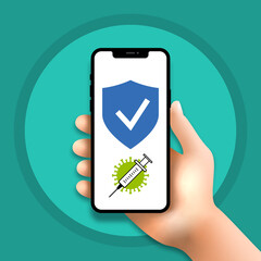 hand holds mobile phone with vaccination status