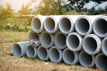 Drainage Cement pipes for construction placed outdoor. Concept :  Industry manufacturing of cement products in Thailand. 