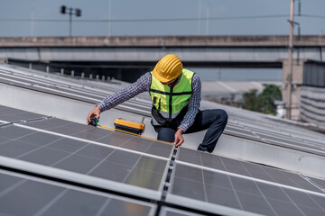 Engineer wearing unifrom and helmet inspect and check solar cell panel ,solar cell is ecology energy sunlight power installation for industrial ,alternative environment power concept.
