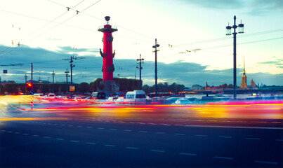 Night traffic lights on the Vasilievsky Island in St. Petersburg, Russia