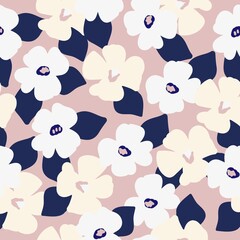 Seamless vintage pattern. White flowers, Dark blue leaves. Light pink background. vector texture. fashionable print for textiles, wallpaper and packaging.