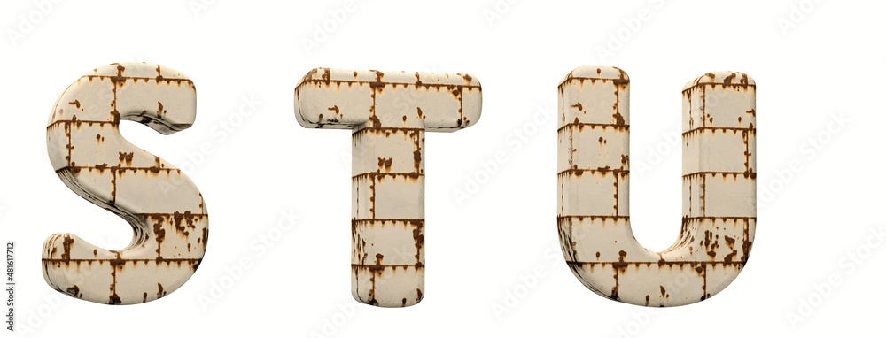 Wall mural Old rusty metal. Letters S, T, U. Alphabet retro 3d render. Isolated in white background. (removes the background in one click.)