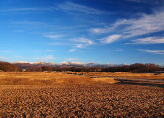 夕陽に輝く乾田と八ヶ岳(長野県原村)