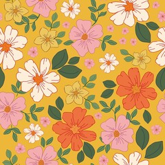 Fototapeta na wymiar Seamless vintage pattern. White, pink and orange flowers, green leaves on a yellow background. vector texture. trendy print for textiles, wallpaper and packaging. 