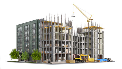 Building in half of construction with a finished building facade on white background. 3d illustration - obrazy, fototapety, plakaty